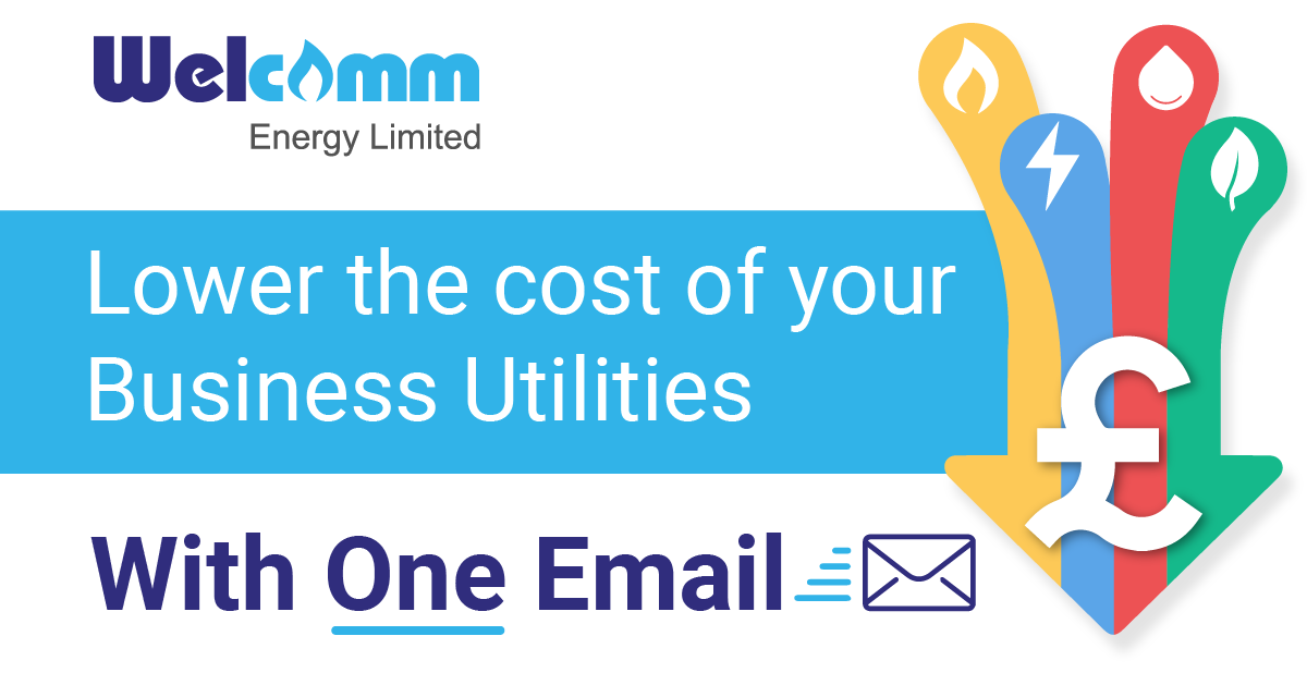 Lower the cost of your business utilities with ONE email. Graphic shows arrow pointing down along with pound symbol.