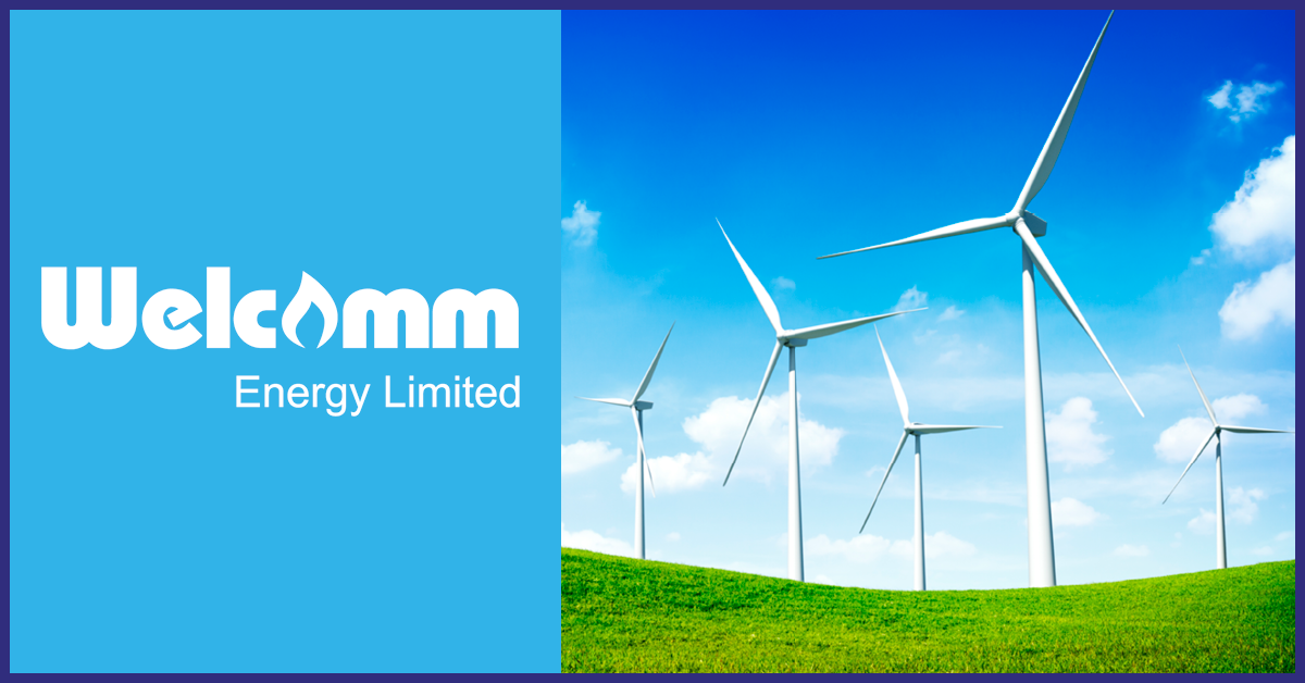 An image of a sunny field with brightly lit wind turbines, accompanied by the Welcomm Energy logo.
