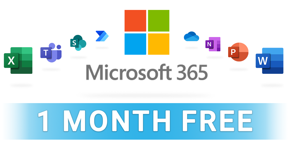 A graphic showing Microsoft 365 logos above the text: 1 MONTH FREE.